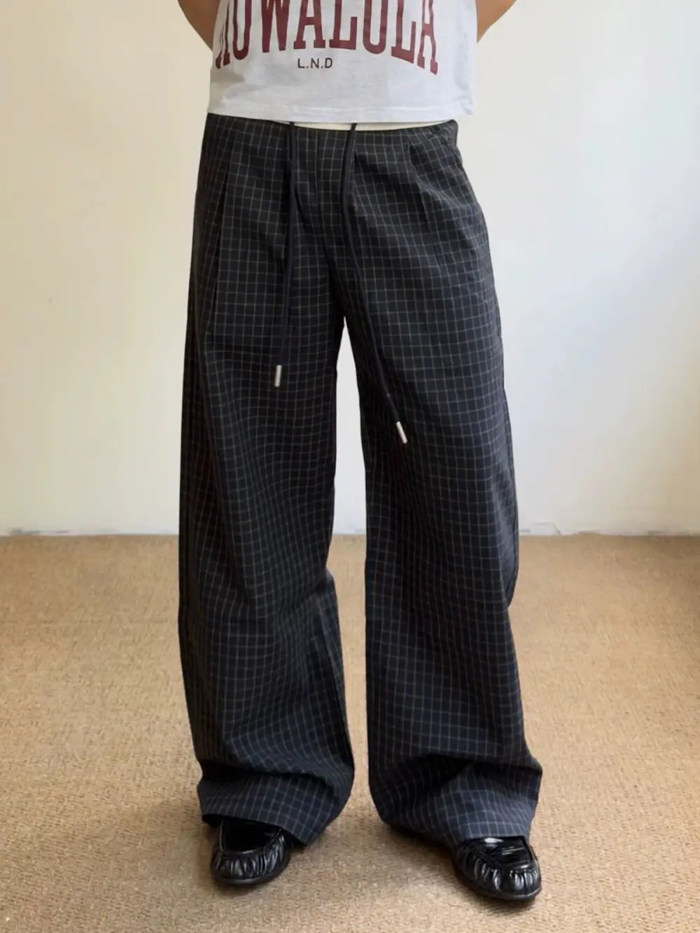 Wide-Leg Plaid Denim Pants