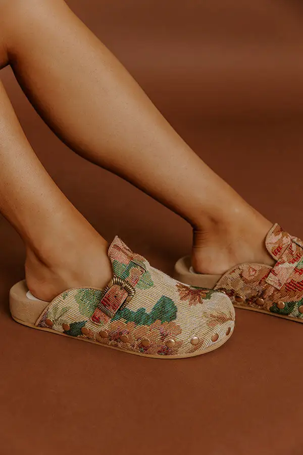 Floral Tapestry Round Toe Slip On Clogs