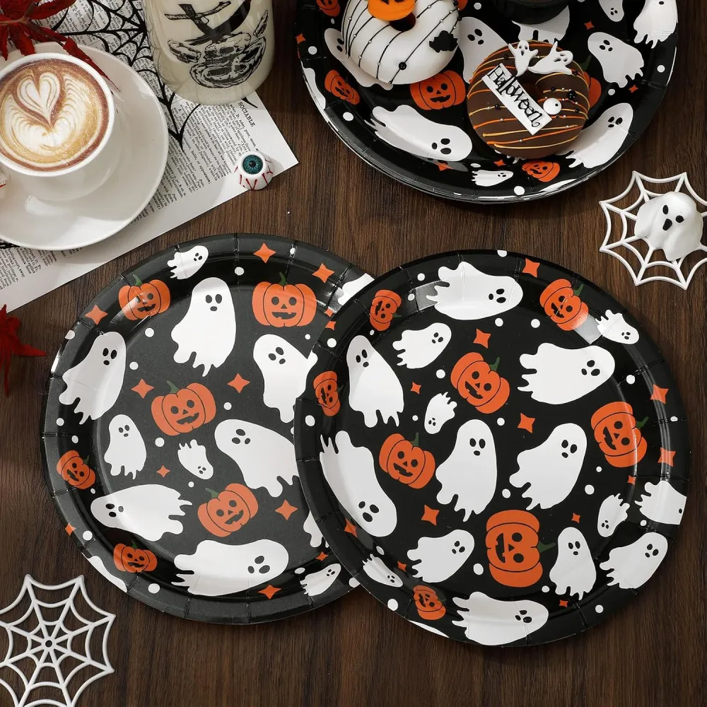 24Pcs Halloween Paper Plates Cute Ghost Pumpkin Disposable Plates 9 Inch Black Decorative Dinner Dessert Plate for Party Tableware Supplies