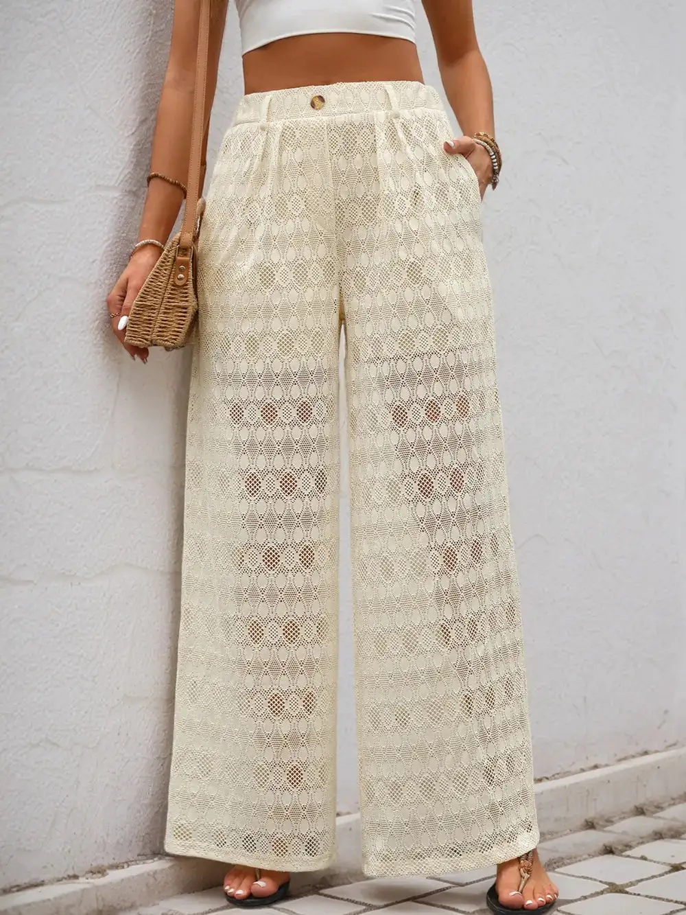 Wide Leg Button Detail Pocketed Casual Pants
