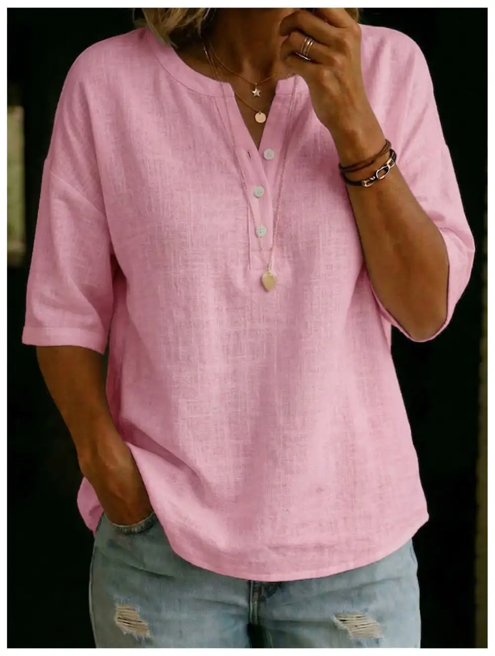 Linen V Neck Loose Shirt