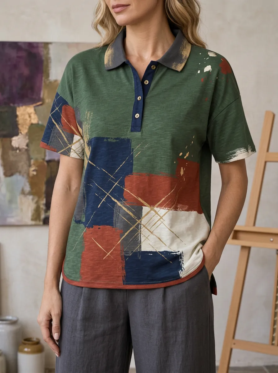 Women's Abstract Art Color Block Printed Polo Shirt