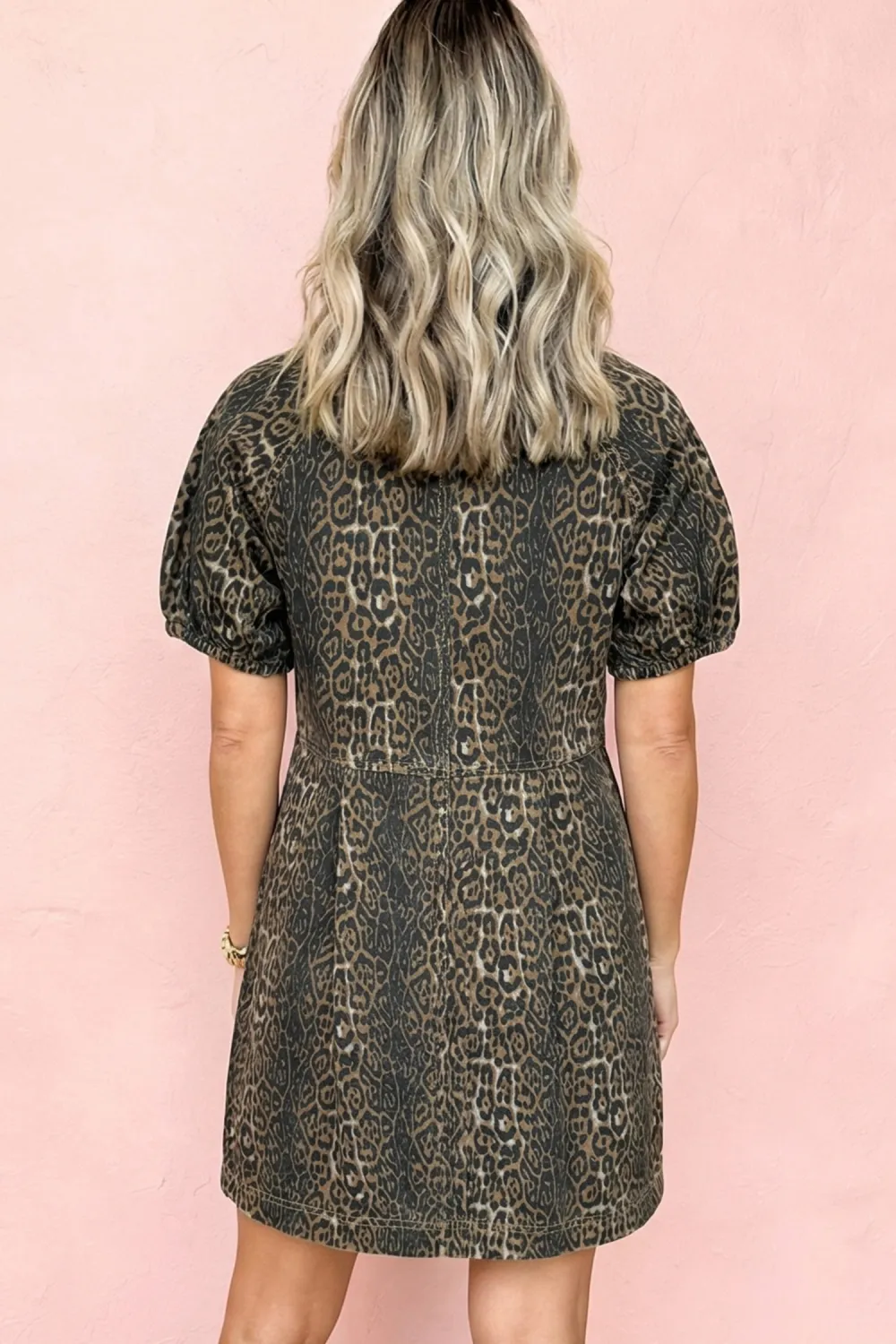 Gray Leopard Pleated Denim Dress