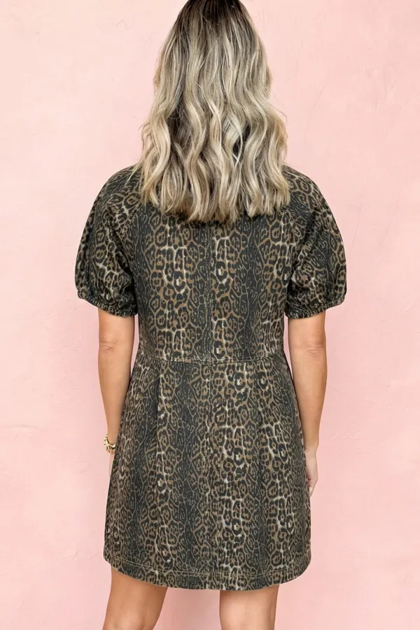Gray Leopard Pleated Denim Dress