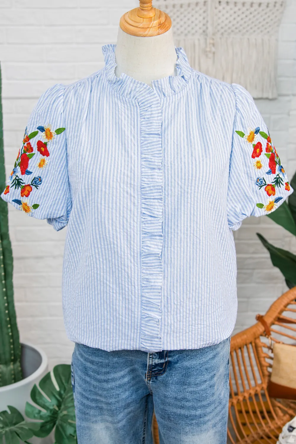 Sky Blue Stripe Floral Embroidered Shirt