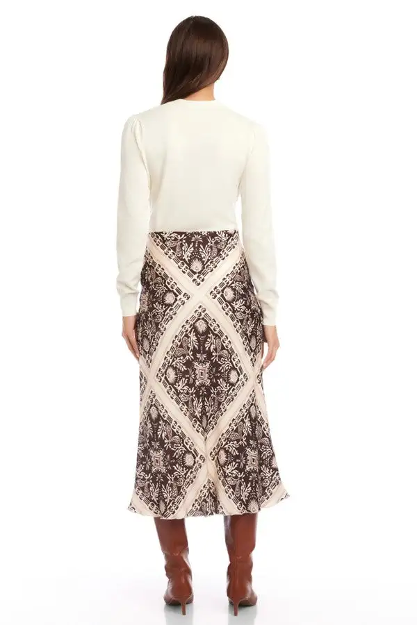 Women's Brown Bandana Print Bias Cut Midi Skirt