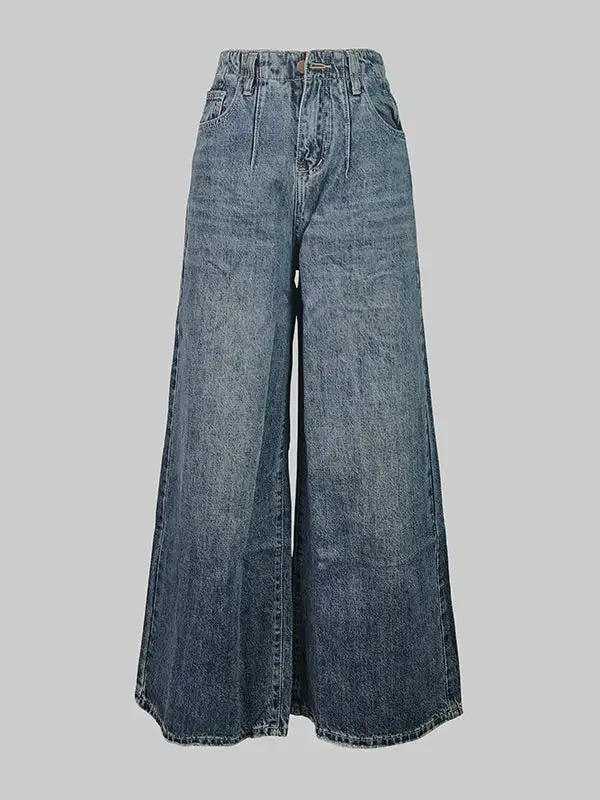 Fringe Detail Relaxed Fit Wide Leg Button Detail Pocket Jeans