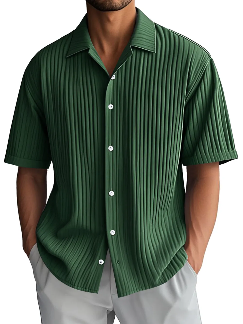 Ribbed Knit Camp Collar Shirt
