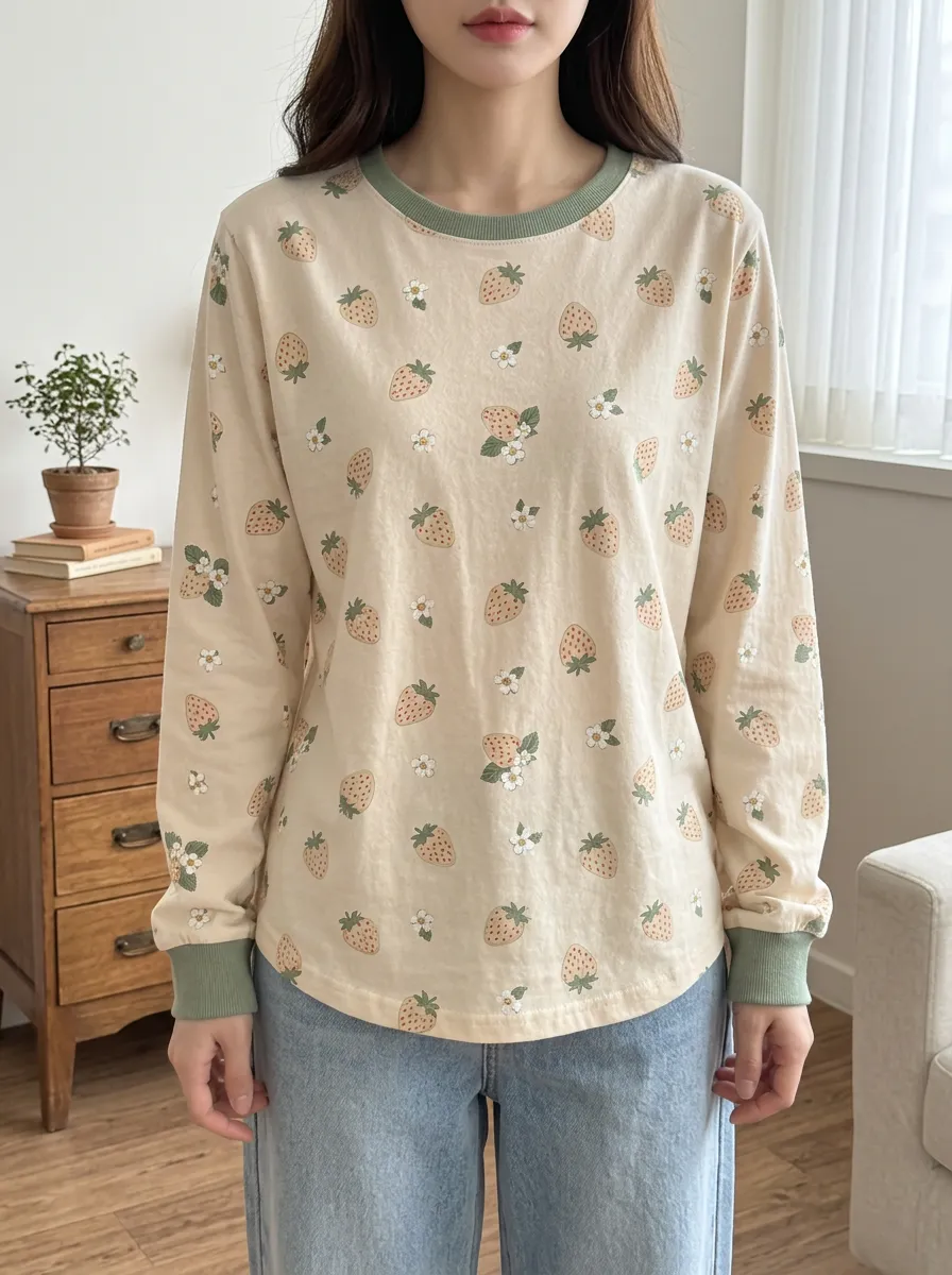 Women's Charming Weekend Sweet Style Strawberry Floral Printed Long Sleeve T-shirt