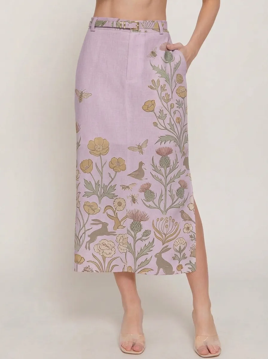 Women's Nature-Inspired Rabbit Bee Thistle Floral Printed Midi Skirt