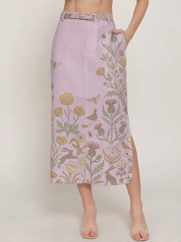 Women's Nature-Inspired Rabbit Bee Thistle Floral Printed Midi Skirt