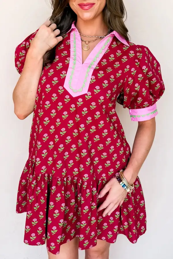 Women's Floral Print V Neck Puff Sleeve Mini Dress