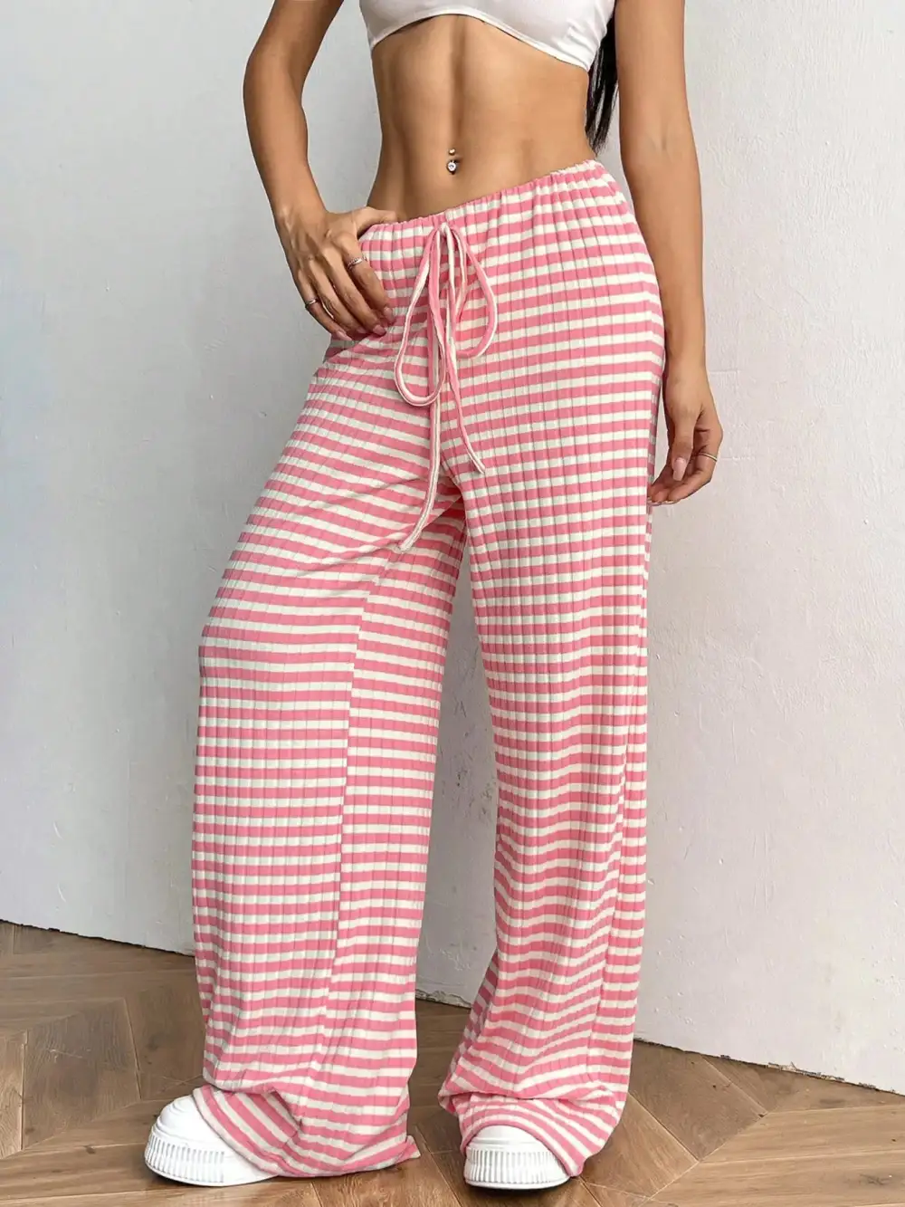 Relaxed Striped Wide Leg Drawstring Pants