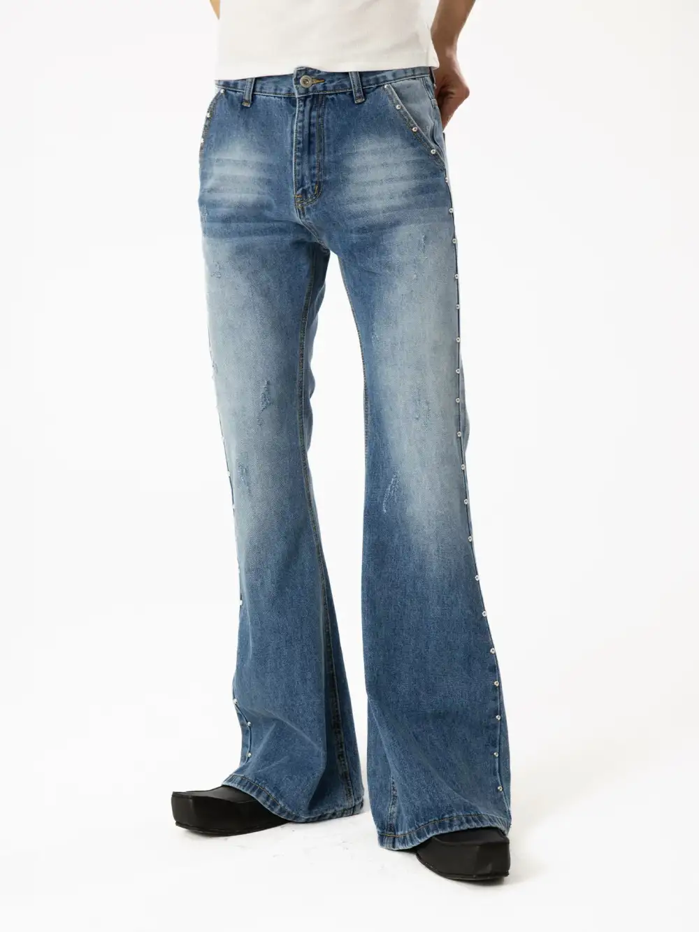 Flared Studded Contrast-Stitch Jeans