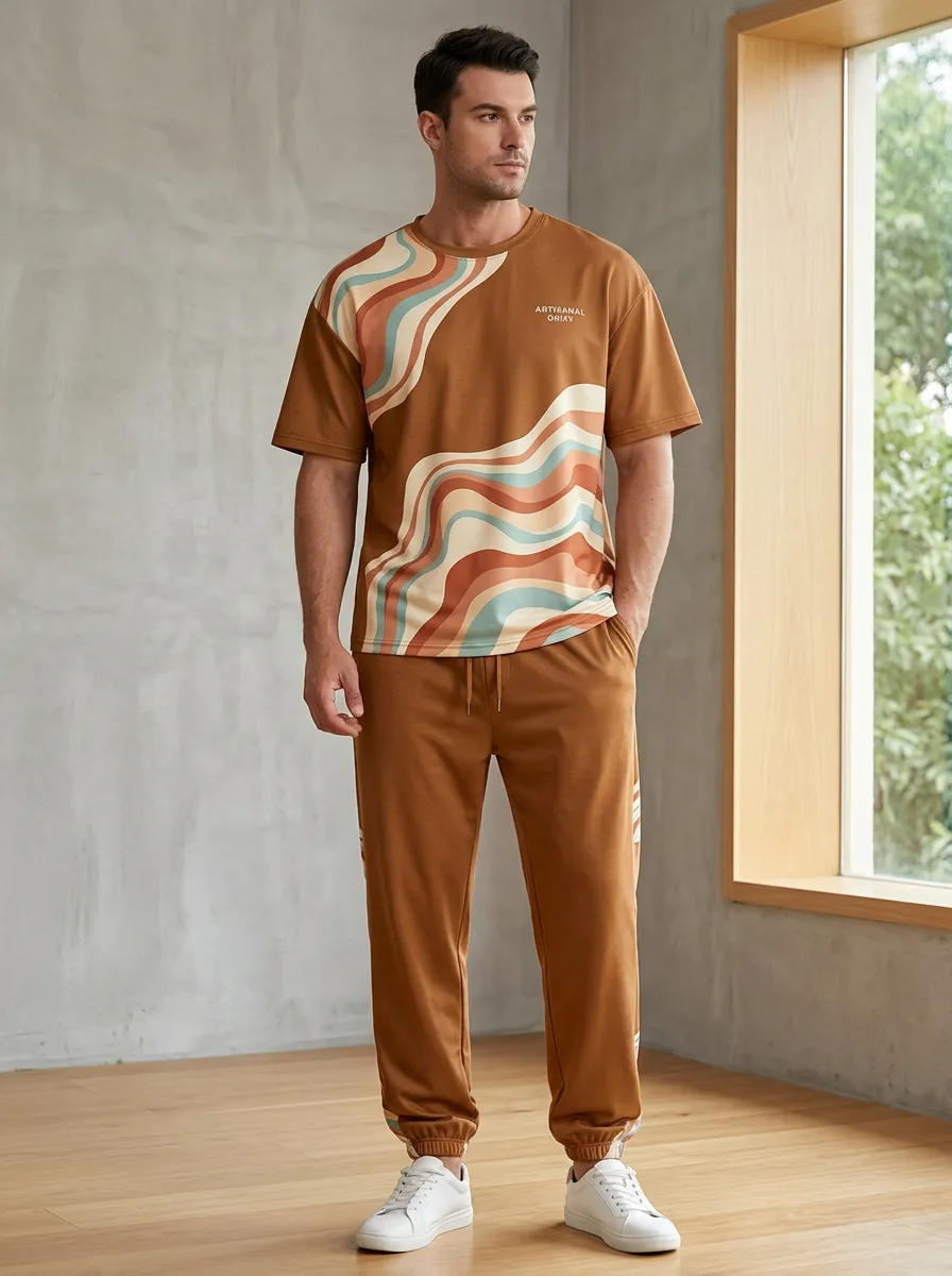 Men's Retro Aesthetic Wavy Striped Printed Casual Set