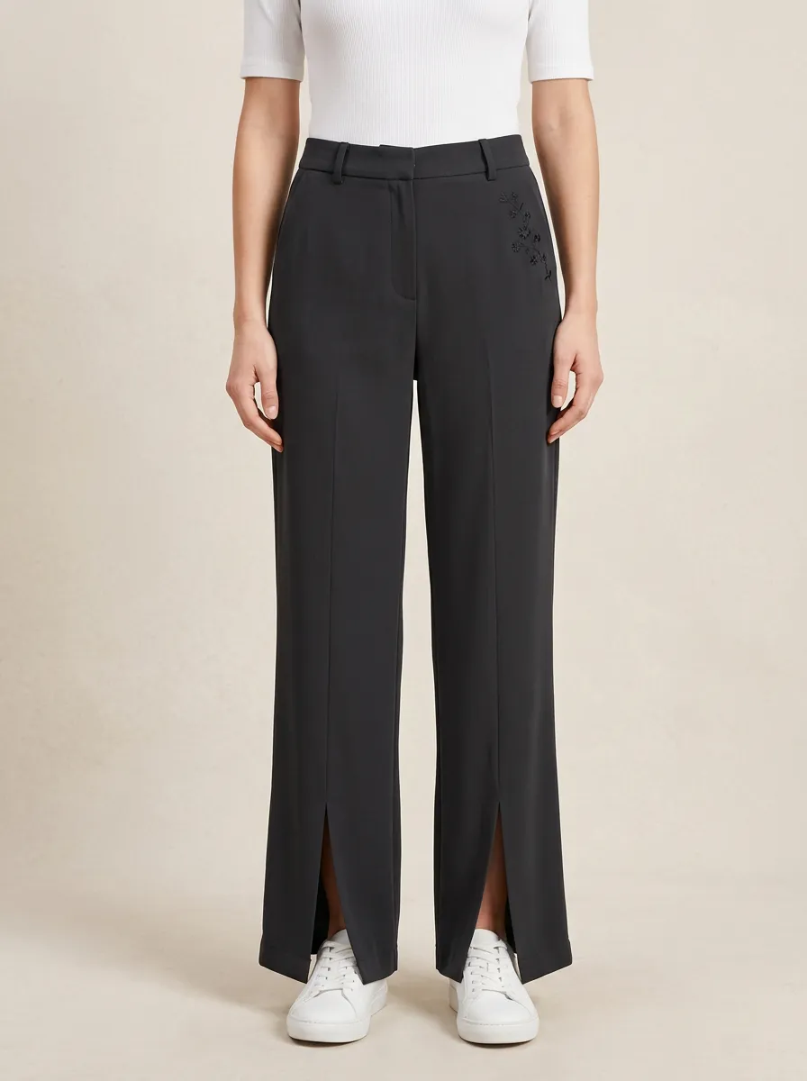 Women's Floral Embroidered Detail Split-Hem Trousers
