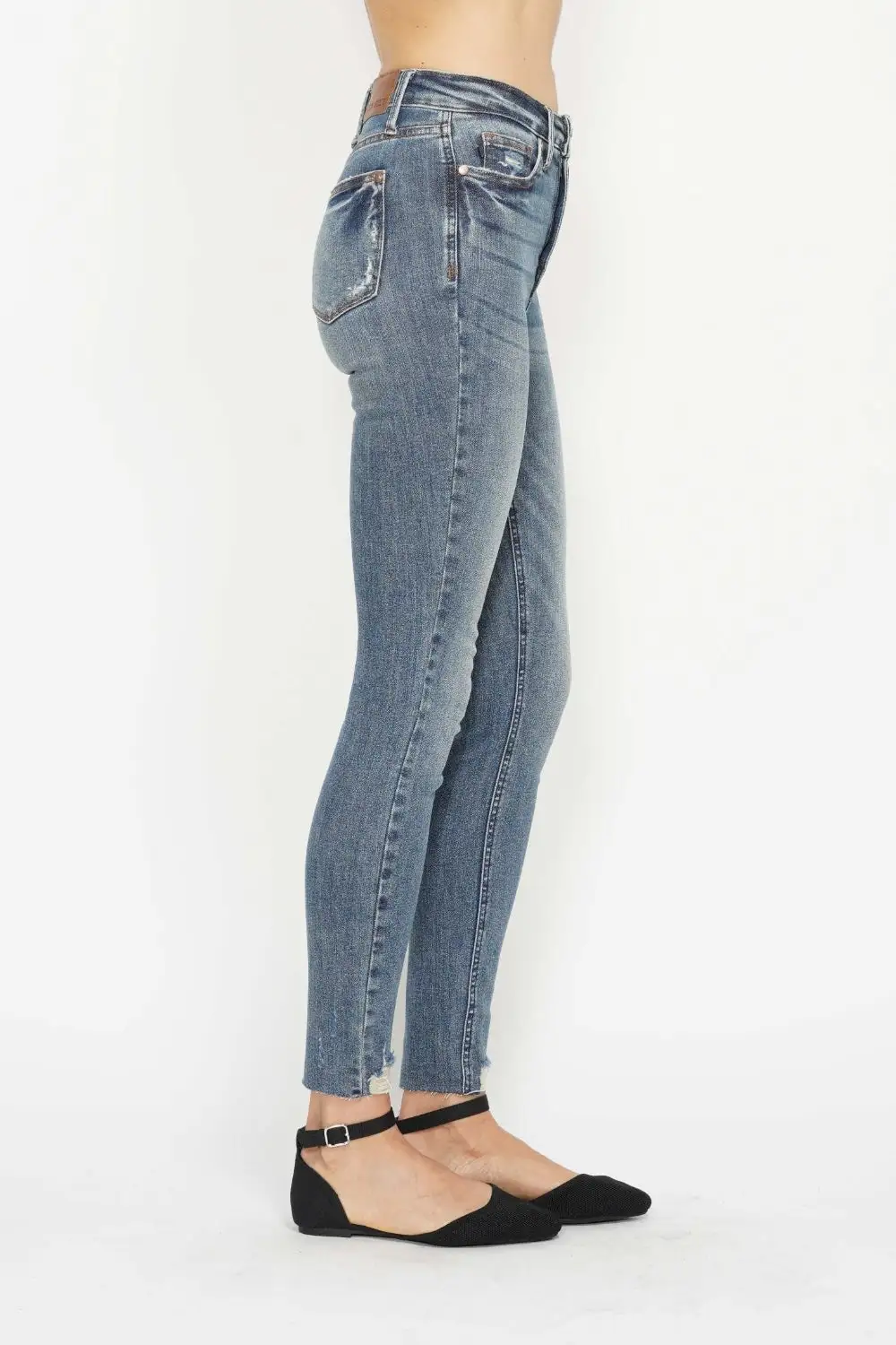 Tummy Control Vintage Wash Hem Destroy Denim Jeans