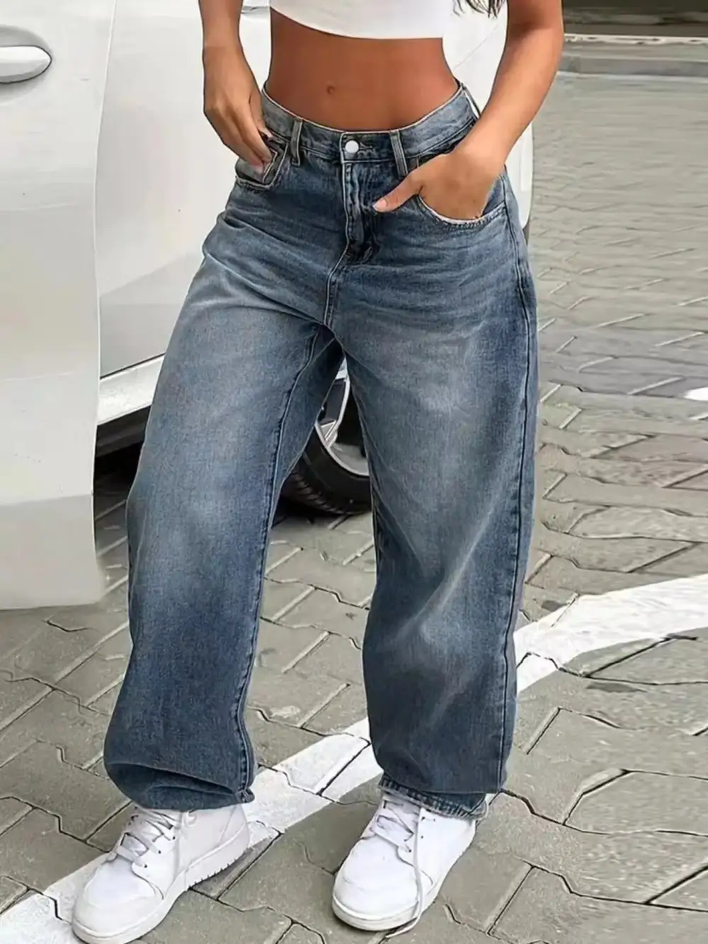 Structured Wide Leg Washed Denim Jeans