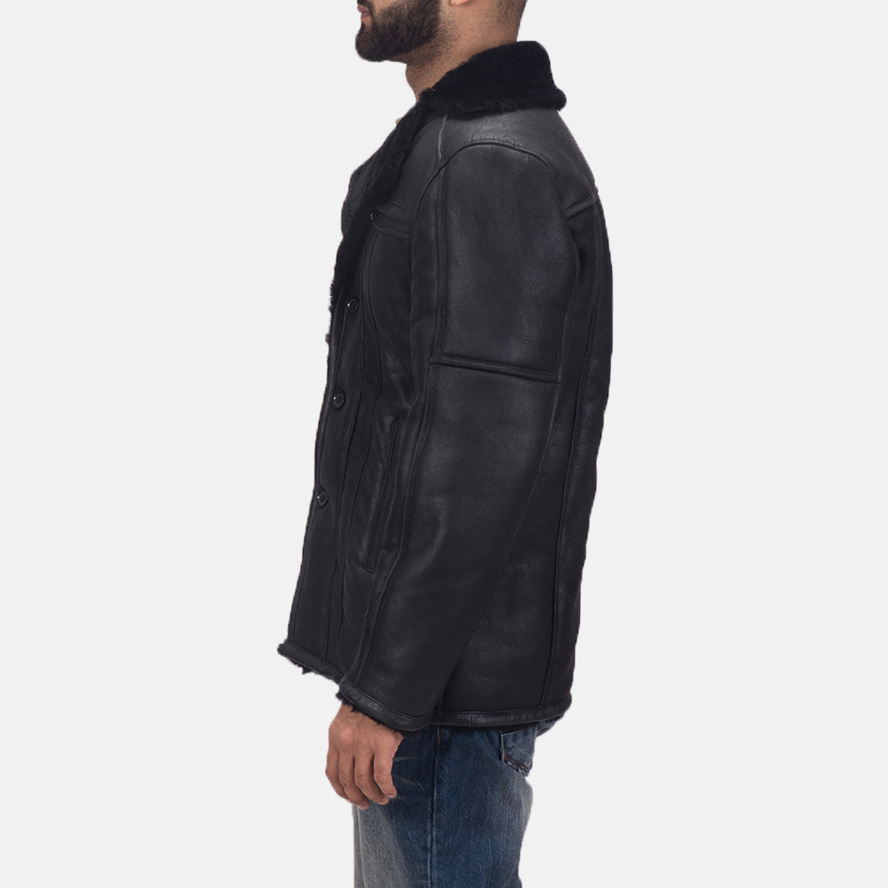 Men's Leather Fur Trim Shearling Coat