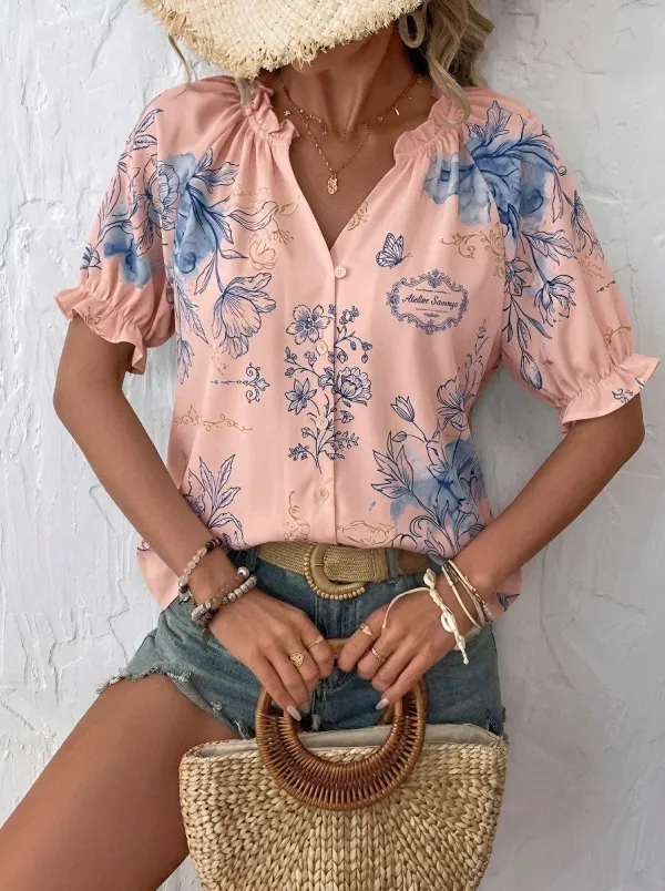 Women's Vintage Floral Butterfly Print Button Down Printed Blouse