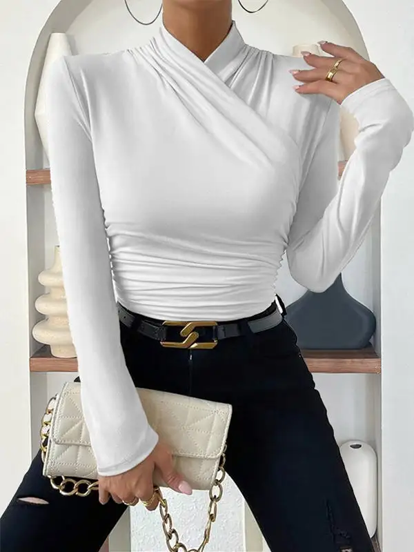 Long Sleeve Slim Fit Pleat Detail Mock Neck T-Shirt