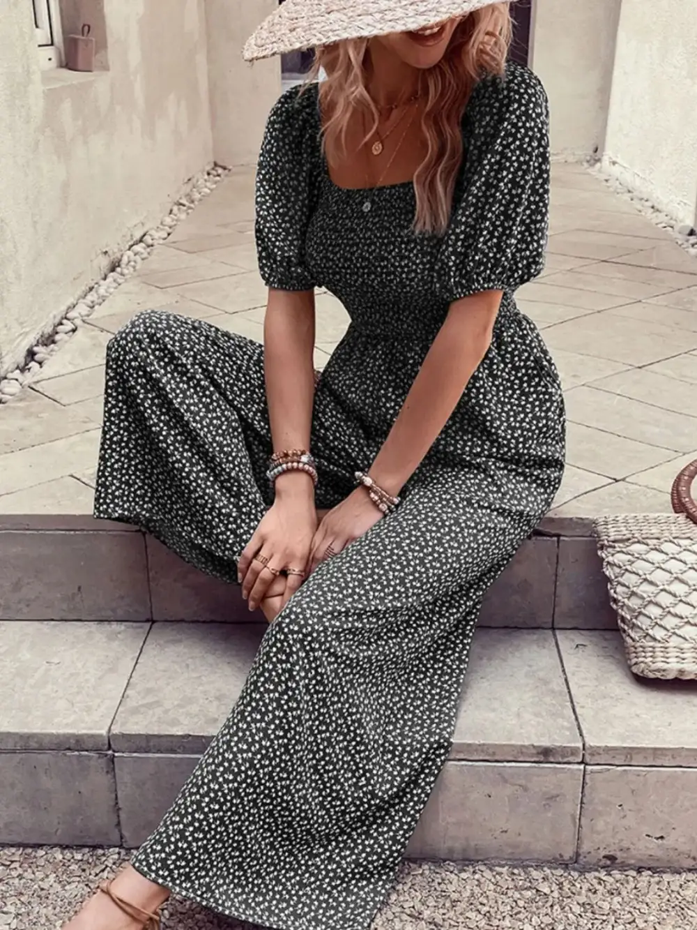 Printed Square Neck Puff Sleeve Everyday Jumpsuit