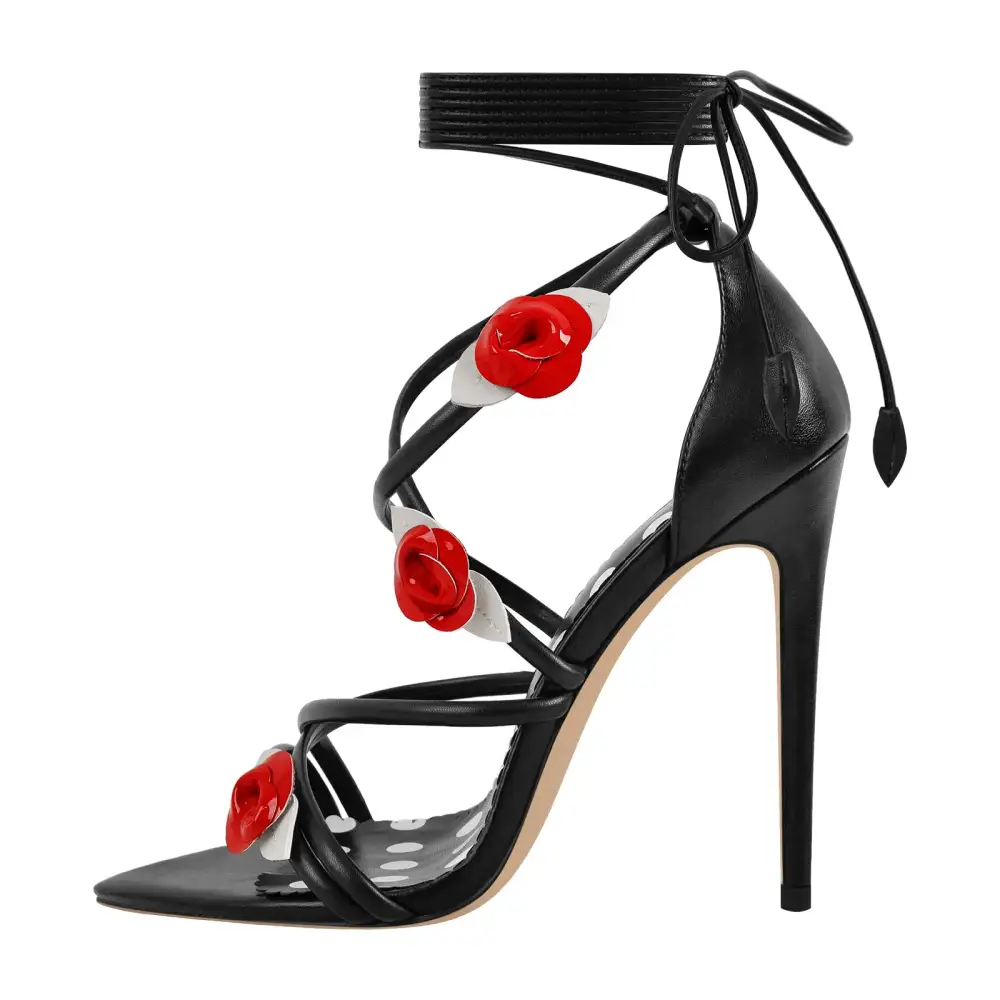 Pointed Toe Gladiator Flower Lace Up Stiletto Sandals