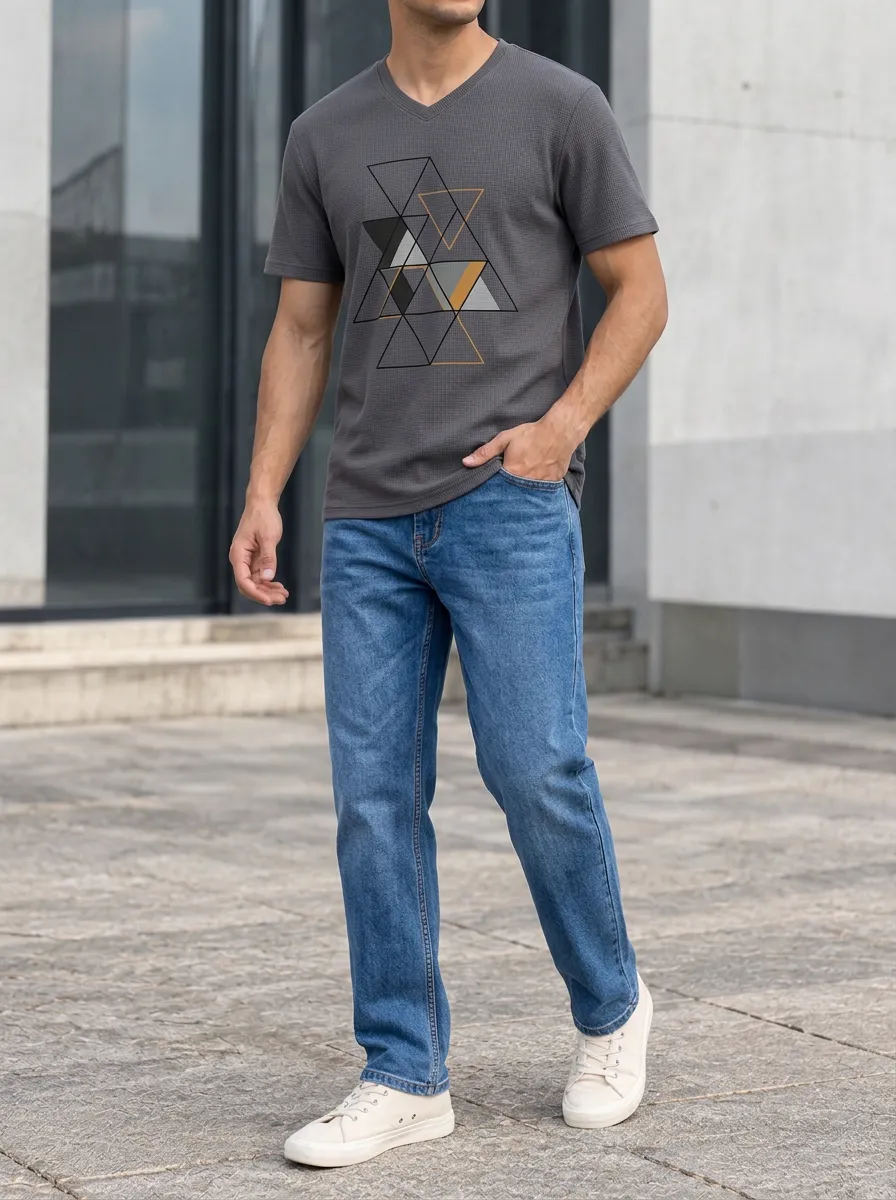 Men's Geometric Pattern Printed V-Neck T-Shirt and Jeans Set