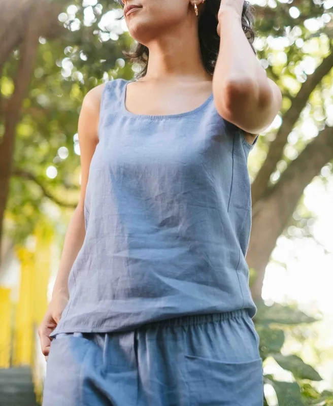 Wildflower Blue Linen Round-Neck Tank