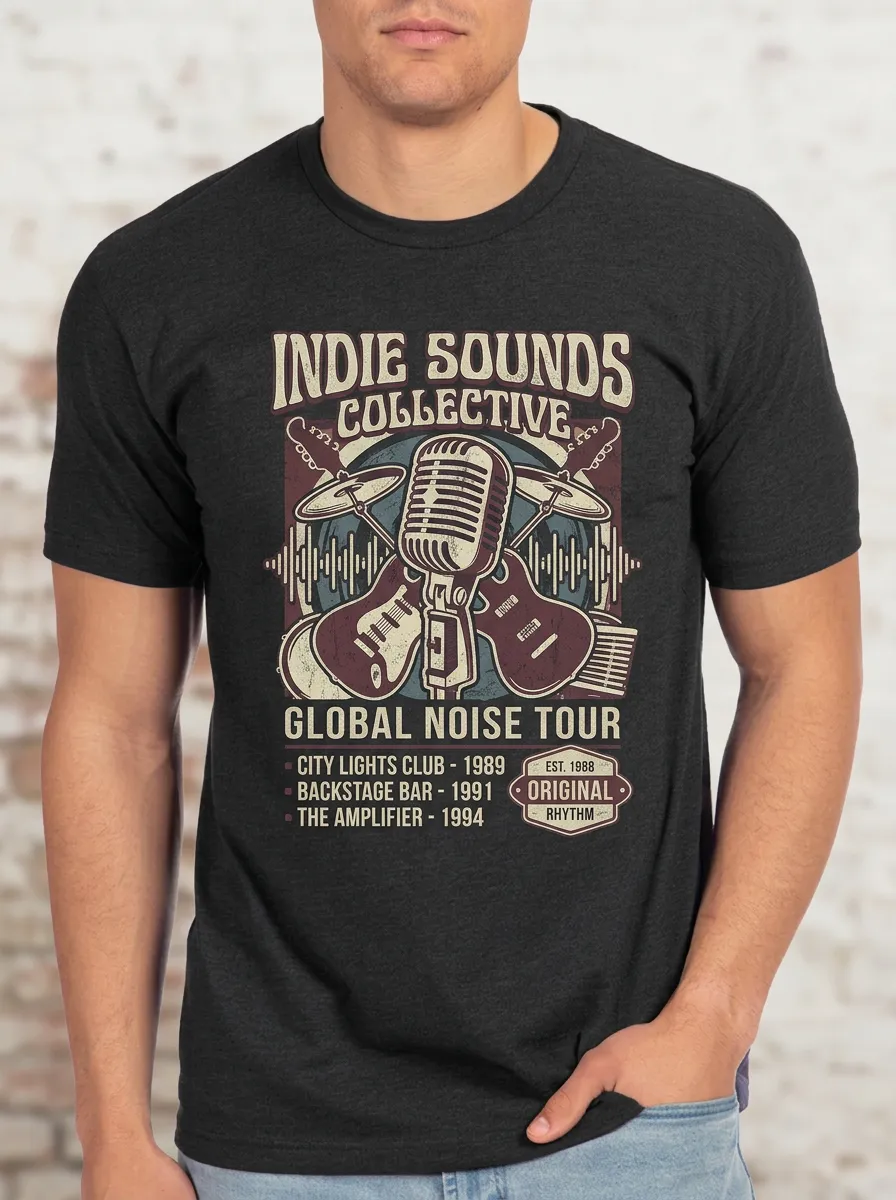 Men's Indie Music Lover Microphone Guitar Printed T-shirt