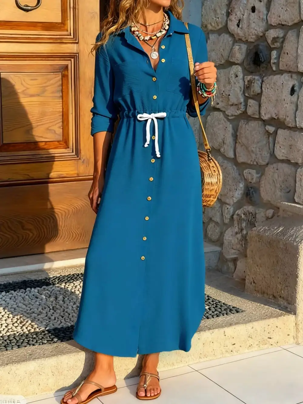 Button Front Long Sleeve Dress Casual