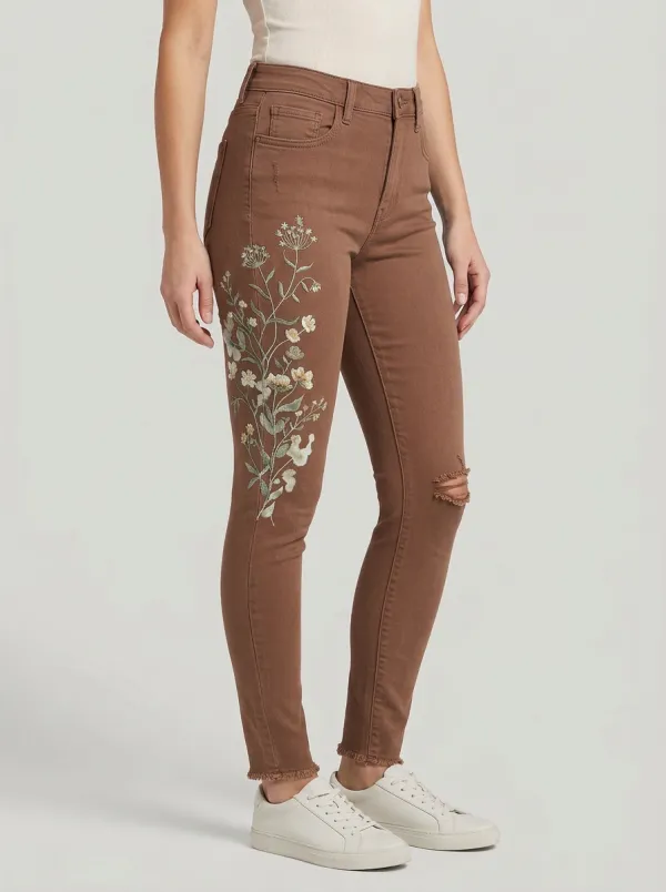 Women's Floral Wildflower Embroidered Printed Slim Jeans