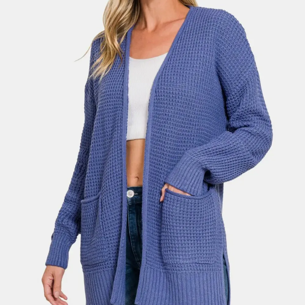 Classic Open Front Textured Pocket Detail Knit Cardigan