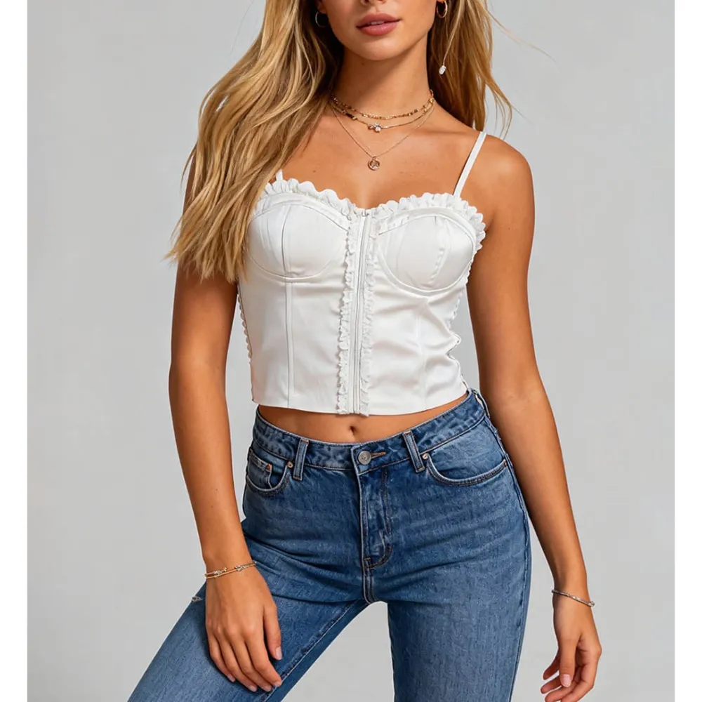 Ruffle Trim Corset Smocked Back Crop Cami Top