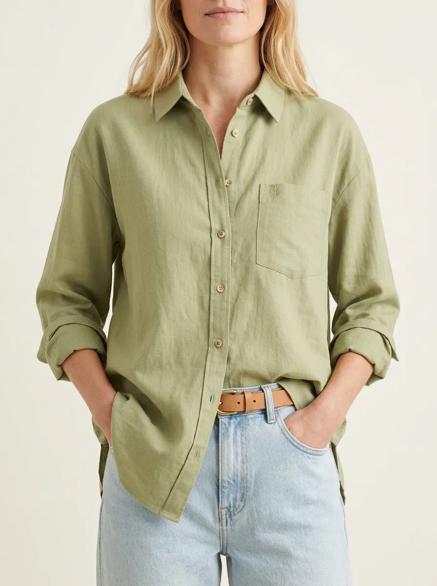 Women's Casual Minimalist Leaf Embroidered Linen Blend Button-up Shirt
