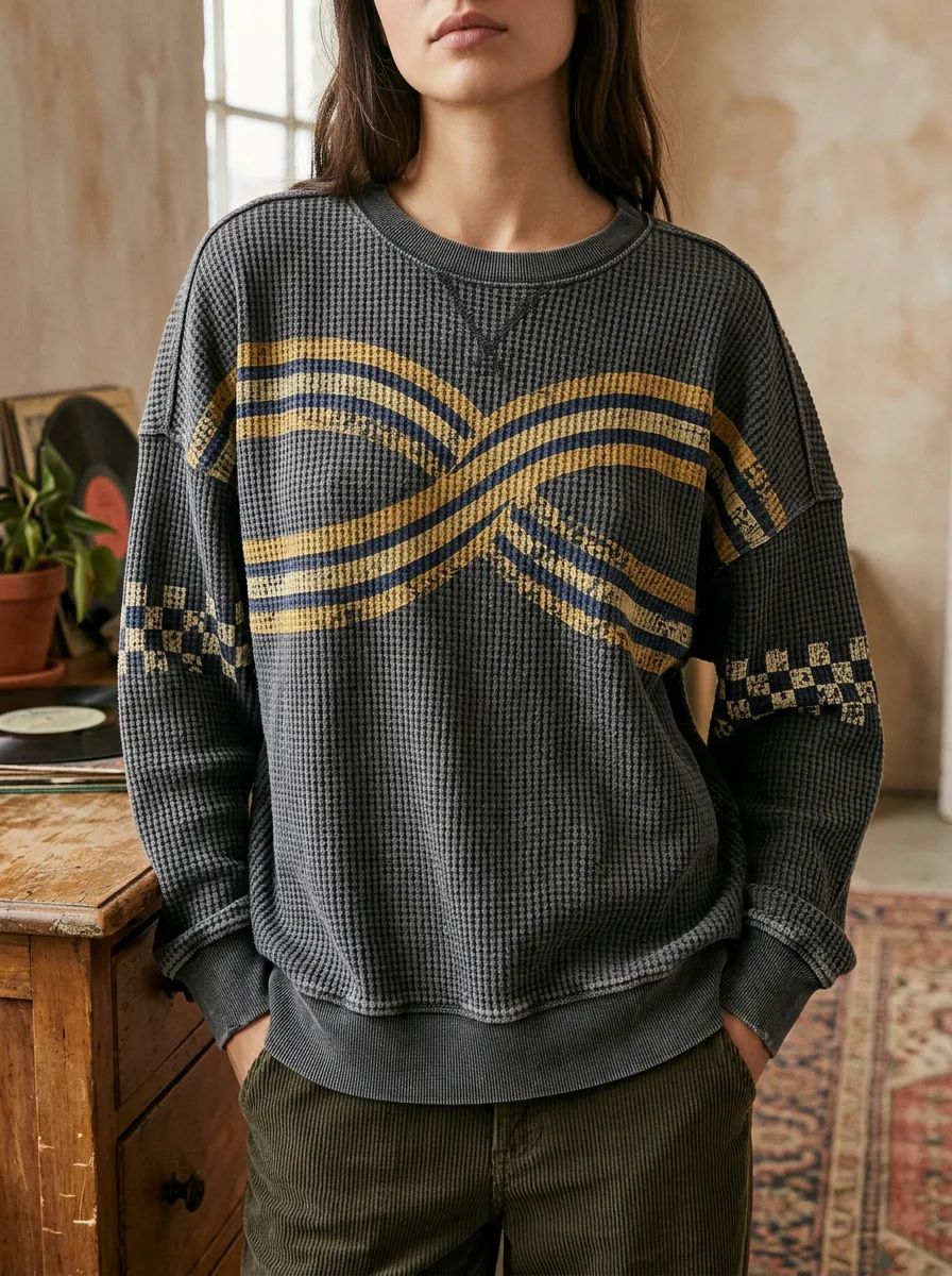 Women's Vintage Striped Checkerboard Waffle Knit Crewneck Sweatshirt