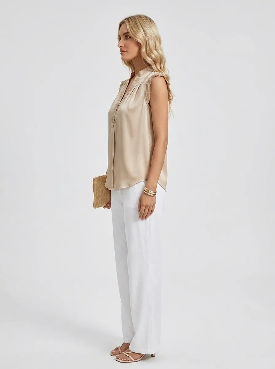 Pleated Trim Button V-Neck Sleeveless Blouse