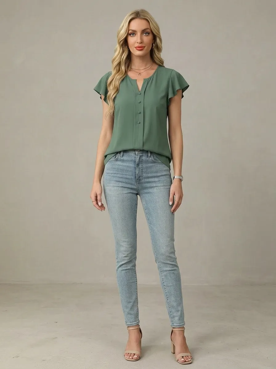 Flutter Sleeve Button Down Blouse