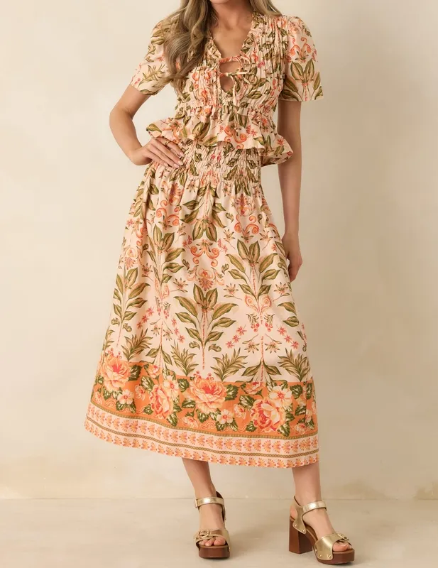 Peach & Green Floral Cotton Midi Skirt