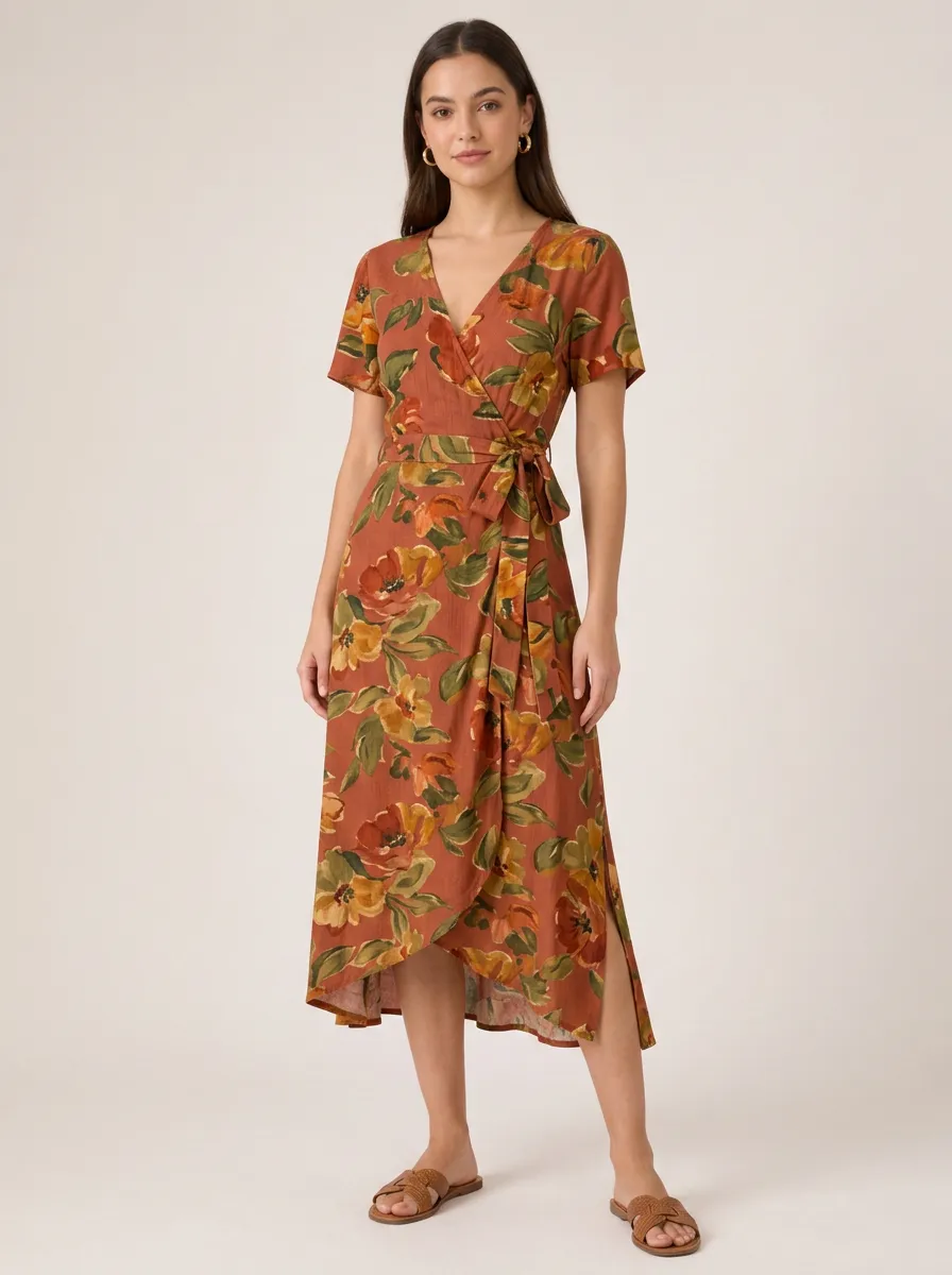 Women's Vintage Floral Rust Orange Printed Wrap Dress