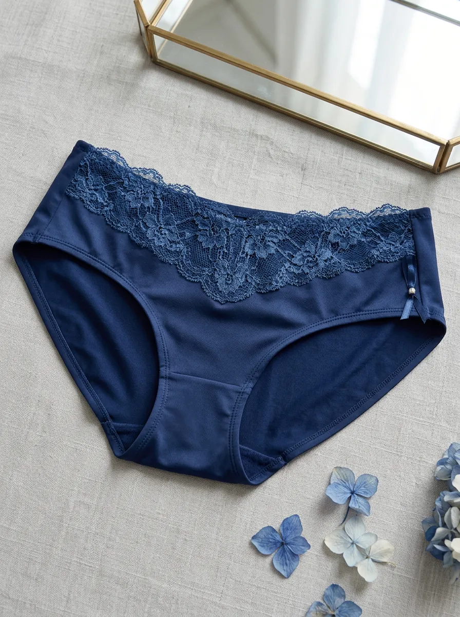 Women's Navy Blue Floral Lace Trimmed Briefs Panties