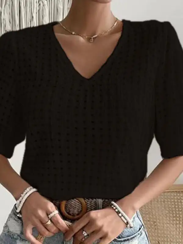 Relaxed Short Sleeve Cutout Panel Detail V-Neck Polyester T-Shirt
