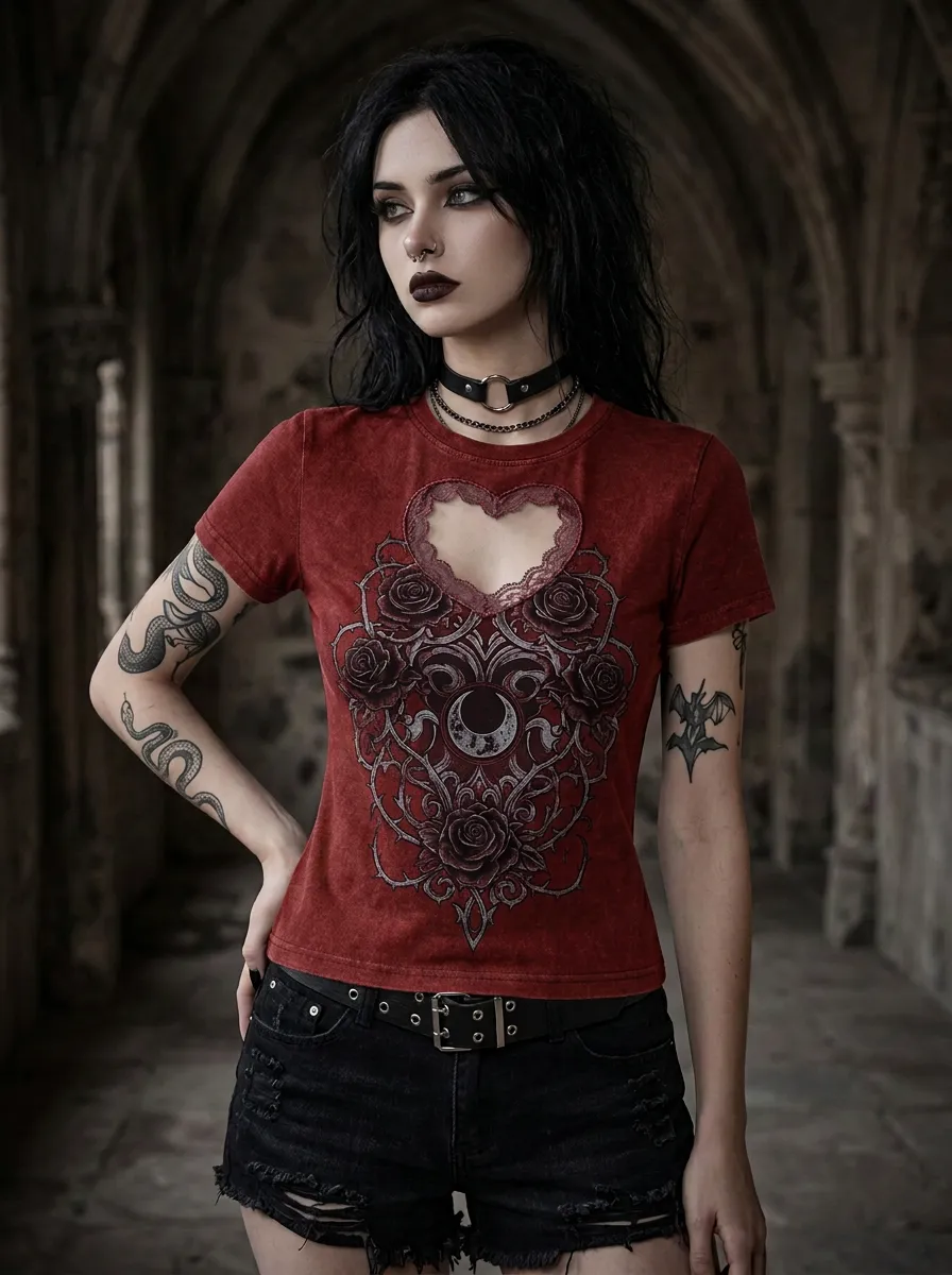 Underground Rose Moon Cutout Statement Women's Gothic T-Shirt