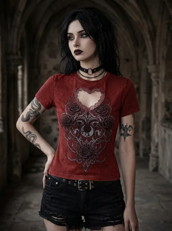 Underground Rose Moon Cutout Statement Women's Gothic T-Shirt