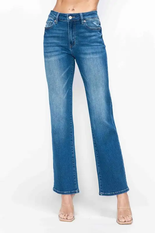 High-Rise Washed Stretch Straight Leg Jeans