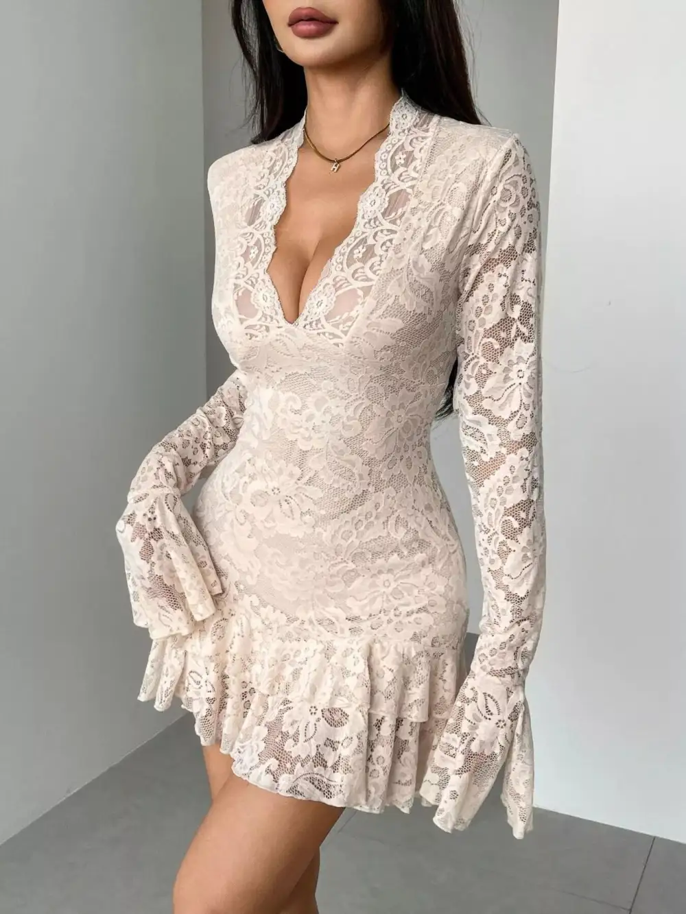 Lace Ruffle Hem Mini Dress