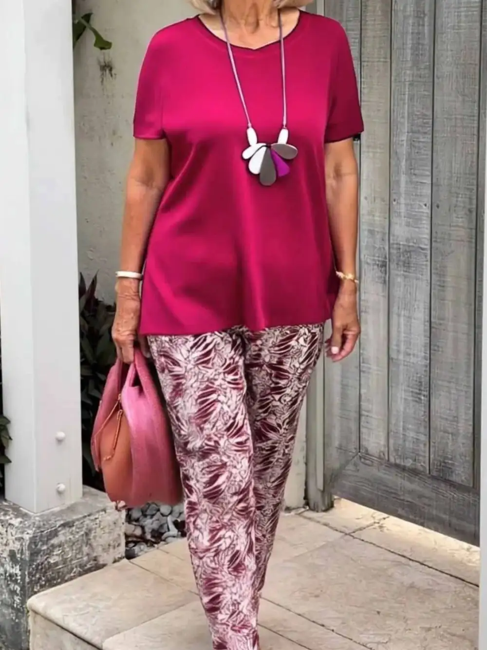 Full Size Round Neck Short Sleeve Top and Pants Set Plus Size Available