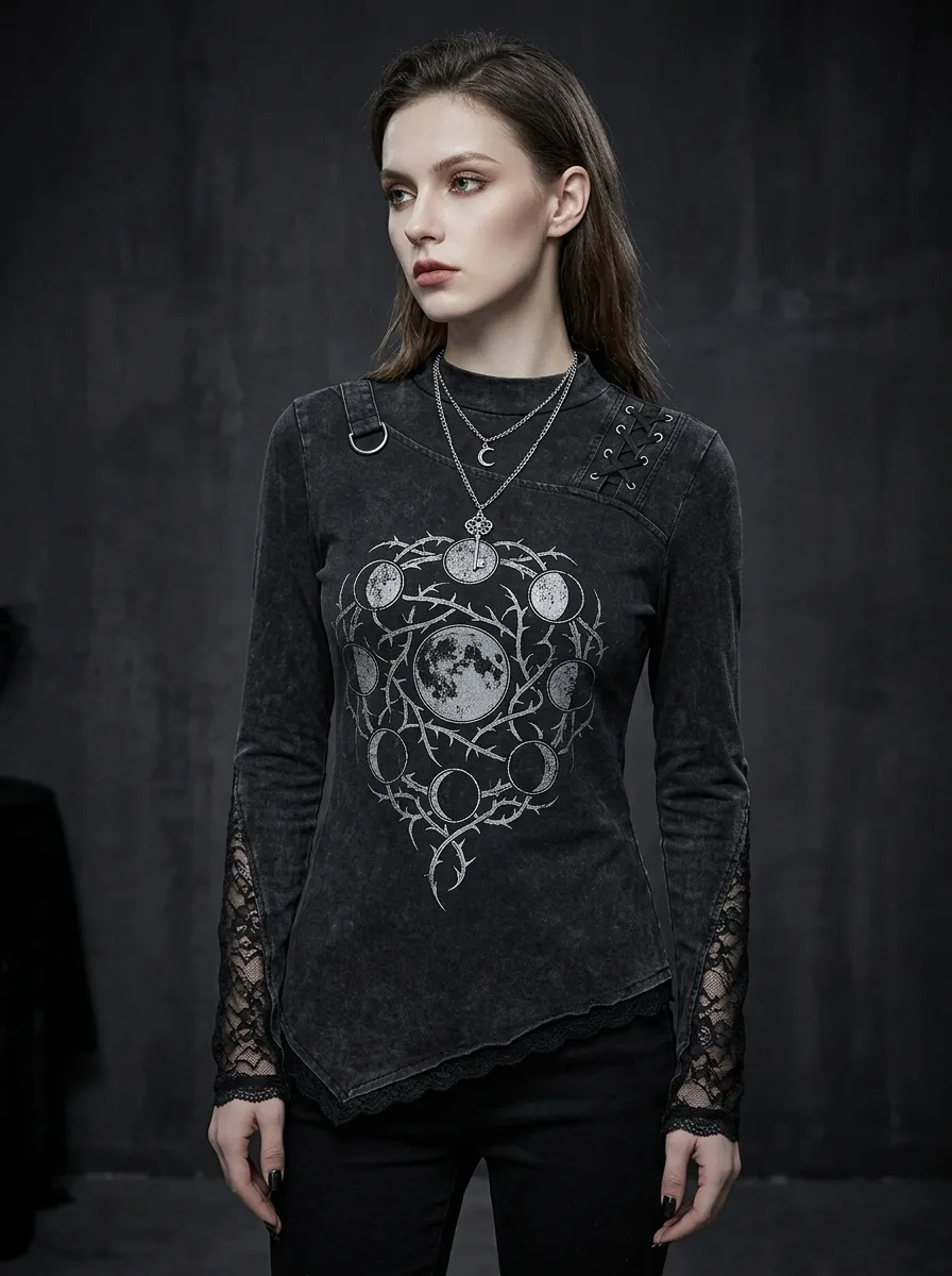 Moonlit Moon Phase Moon Thorn Detail Women's Gothic T-Shirt