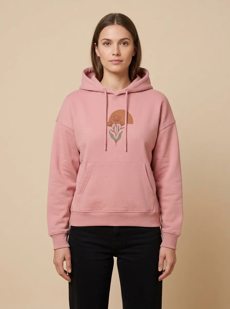 Women's Hooded Drawstring Graphic-Print Floral-Motif Ribbed Hoodie