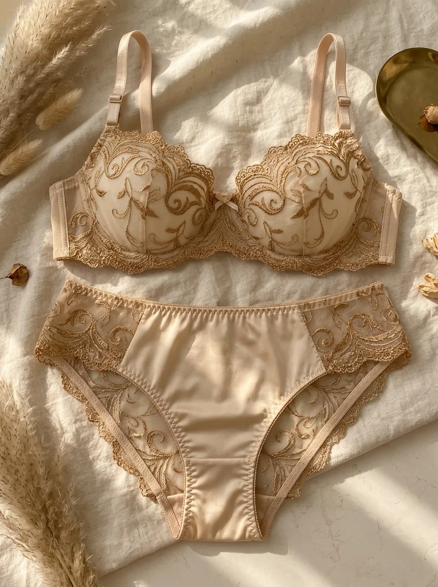 Women's Floral Embroidery Mesh Champagne Lace Lingerie Set